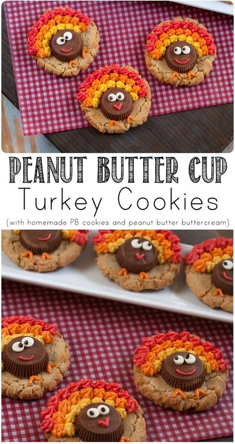 Peanut Butter Cup Turkey Cookies - Bake at 350° Peanut Butter Cup Turkey Cookies, Butter Turkey, Peanut Butter Buttercream, Cookies Thanksgiving, Homemade Peanut Butter Cookies, Thanksgiving Snacks, Turkey Cookies, Cookies Peanut Butter, Thanksgiving Cookies