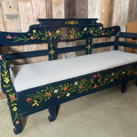 Vintage Hand Painted Furniture, Pull Out Storage, Pine Bench, Deep Blue Background, Hungarian Folk Art, Upholstered Bench Seat, Painted Benches, 1960s Furniture, Hand Painted Table