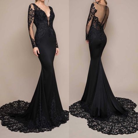 Black Wedding Dress Mermaid Long Sleeve, Long Black Wedding Dress, Black Trumpet Dress, Goth Evening Dress, Black Wedding Dress Fitted, Sleek Black Wedding Dress, Wedding Dresses With Black Lace, Black Wedding Dress With Sleeves, Black Wedding Dress Elegant