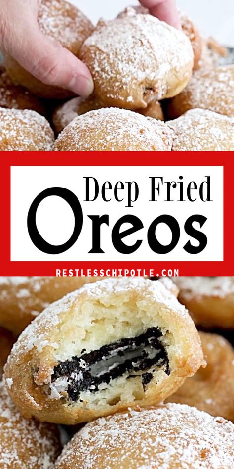 A collage of two images of deep fried Oreo cookies. Top: fingers reaching in to pick up a fried Oreo. Bottom: A fried Oreo with a bite taken out of it to show the inside. What To Fry In A Deep Fryer, Deep Frying Batter Recipe, Things To Deep Fry, Deep Fry Batter, Fried Snickers, Deep Fried Twinkies, Deep Fried Oreo, Fried Twinkies, Carnival Eats