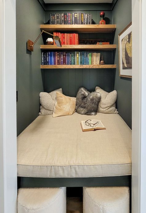 Beds In Alcoves, Small Closet Turned Into Reading Nook, Bed In A Nook, Deep Alcove Ideas, Bed In Wall Nook, Walk In Closet Reading Nook, Cozy Closet Nook, Closet Reading Nook For Adults, Bed Nook Built In