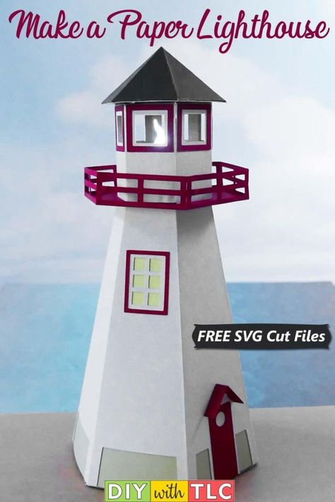 You can make your own 3D paper lighthouse to decorate your paper village | #diy #cricut #paper #paper_crafts #lighthouse #belanger #belanger_park #light_house #free_svg Paper Lighthouse, Lighthouse Craft, Diy Lighthouse, Paper Village, Lighthouse Crafts, 3d Templates, Craft Templates, House Template, Paper Light