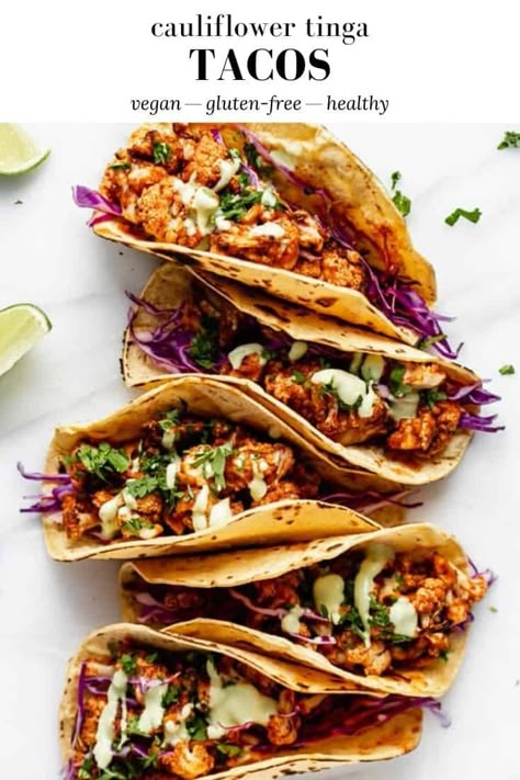 Cauliflower Tinga, Tinga Tacos, Vegan Tacos Recipes, Mexican Party Food, Vegan Mexican Food, Healthy Taco Recipes, Spicy Cauliflower, Vegan Taco, Chipotle Peppers