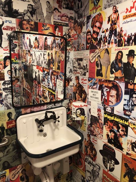 Most fun powder room at Sofreh's, in Brooklyn, and most delicious:) Bathroom Collage Wall, Fun Powder Room, Club Bathroom, Eclectic Bathroom, Bar Bathroom, Bathroom Aesthetic, Dream Room Inspiration, Industrial House, Foto Ideas Instagram