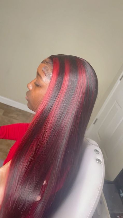 Black And Red Wigs For Black Women, Red And Black Sew In, Red Highlights Black Women, Black And Red Weave, Wig With Red Highlights, Red Sew In, Best Hair Dye, Red Highlights, Baddie Hairstyles