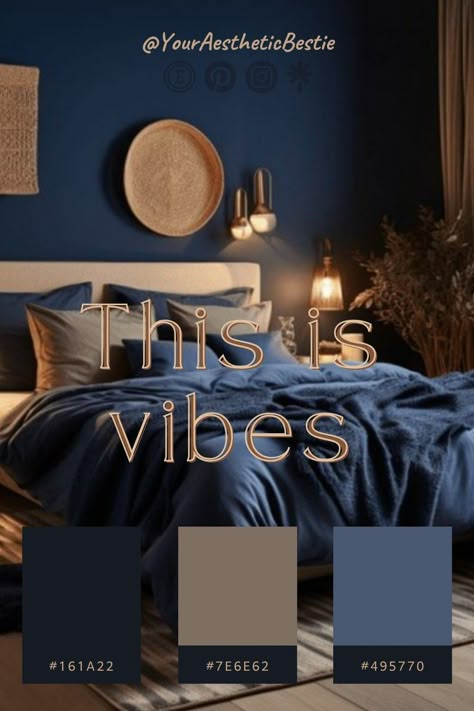 Navy Blue And Cognac Bedroom, Blue Palette Bedroom, Navy Bedroom Ideas Color Palettes, Dark Blue And Tan Bedroom, Neutral Blue Bedroom Ideas, Navy Blue Earthy Bedroom, Bedroom Inspirations Master Color Schemes Navy Blue, Bedroom Color Schemes Relaxing Blue, Navy Blue Color Palette Colour Schemes Master Bedrooms