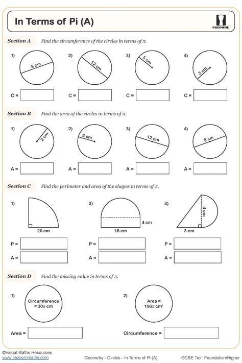 Explore this comprehensive In Terms of Pi worksheet that delves into various circle topics. Sections A and B focus on circumference and area calculations using either radius or diameter. Section C introduces sector and compound shape perimeter and area concepts, along with a question based on Pythagoras’ Theorem. Additionally, Section D provides practice in converting between area and circumference in terms of pi. Ideal for enhancing your understanding of circles! Area Of Circle, Year 9 Maths Worksheets, Ks3 Maths Worksheets, Year 8 Maths Worksheets, Ks1 Maths Worksheets, Year 6 Maths Worksheets, Year 7 Maths Worksheets, Year 5 Maths Worksheets, Year 4 Maths Worksheets