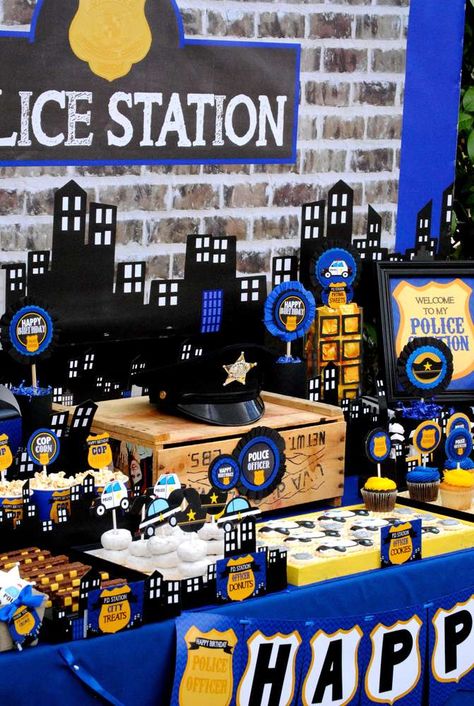 Blue and yellow police birthday party! See more party ideas at CatchMyParty.com! Policeman Party, Police Officer Party, Police Themed Birthday Party, Officer Party, Police Theme Party, Cop Party, Police Officer Birthday, Police Retirement Party, Police Birthday Party