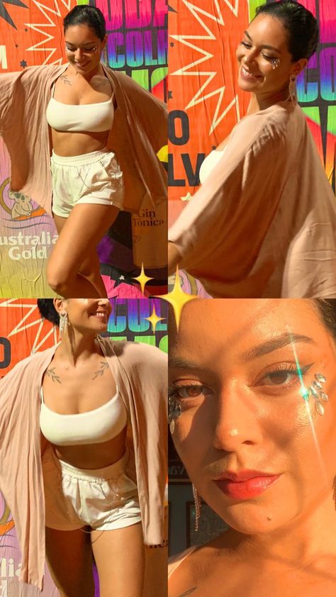 Grid com quatro fotos de mulher sorrindo em poses diferentes mostrando o look que usa para o carnaval. Ela usa cropped branco, short branco, kimono rosa antigo, brincos longos de strass e usa alguns adesivos de strass no canto dos olhos Story Carnaval, 2023 Moodboard, Instagram