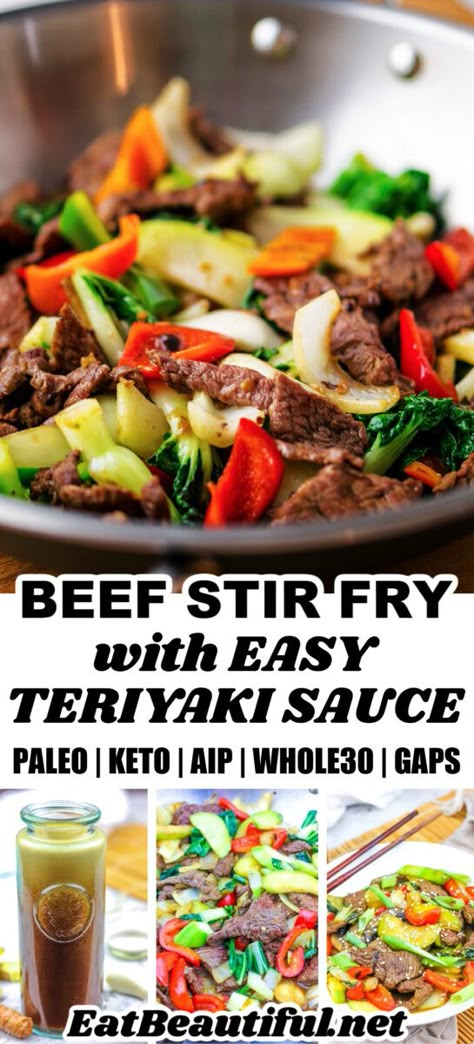 Paleo Beef Stir Fry with Vegetables is a nutritious and easy one-pan stir-fry that features an easy homemade Teriyaki Sauce. | Eat Beautiful Recipes | paleo goodness | paleo beef stir fry | keto beef stir fry | aip beef stir fry | whole30 | low carb | gaps diet | gluten free | beef stir fry | steak stir fry || #paleo #beef #stirfry #keto #aip #whole30 Aip Stir Fry Sauce, Keto Stir Fry Beef, Keto Beef Stir Fry Recipes, Low Carb Beef Stir Fry, Stir Fry Keto, Stir Fry Steak, Easy Teriyaki Sauce, Aip Dinners, Stir Fry With Vegetables