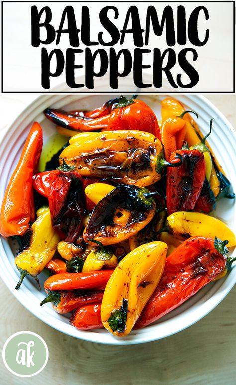 Meet your new favorite party trick: 4-ingredient balsamic-roasted mini peppers. They roast at high heat and emerge blistered at the edges, tasting sweet but with the right amount of bite thanks to the balsamic. What I love about them is that because they are small, there's no peeling or seeding: just dress, roast, and serve. #peppers #simple #roasted #balsamic #summer #appetizer #sidedish Small Bell Pepper Recipes, Small Pepper Recipes, Roasted Mini Peppers, Roasted Sweet Peppers, Small Peppers, Baby Peppers, Sweet Pepper Recipes, Mini Peppers, Pepper Recipes