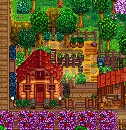 Stardew Valley Farm Entrance, Stardew Valley Dog Area, Stardew Valley Horse Stable, Stardwey Valley Farm Layout, Stardew Valley Pet Area, Stardew Valley Grandpa Shrine, Stardew Valley Garden, Stardew Valley Farm Design, Stardew Valley Farm Layout Standard