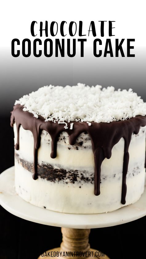 Image of a whole chocolate cake frosted in white frosting with chocolate sauce dripping down the side and coconut shreds on top. Coconut Cake Decoration Ideas Birthday, Chocolate Cake With Coconut Frosting, Coconut Birthday Cake Ideas, Coconut Cake Decoration Ideas, From Scratch Chocolate Cake, Scratch Chocolate Cake, Coconut Pastry Cream, Coconut Pastry, Coconut Buttercream Frosting