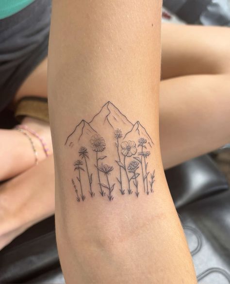 Tattoos For Colorado, Mt Shasta Tattoo, Mountain Cabin Tattoo, Mountain Flowers Tattoo, Nature Tattoos Fine Line, Sun And Mountains Tattoo, Mountain With Flowers Tattoo, Flowers Grow In The Valley Tattoo, Valley Tattoo Mountain