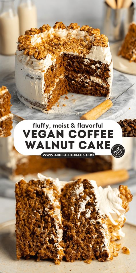 Vegan Coffee Walnut Cake - Addicted to Dates Vegan Walnut Cake, Vegan Coffee And Walnut Cake, Vegan Coffee Cake Recipe, Fluffy Coffee Cake, Vegan Coffee Cake, Coffee Walnut Cake, Coffee And Walnut Cake, Work Recipes, Vegan Birthday Cake