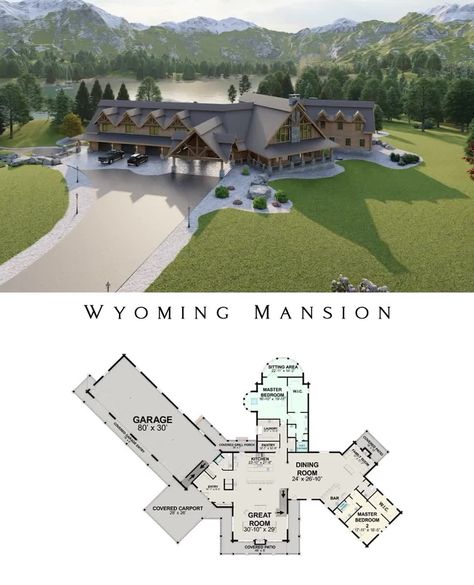 Wyoming Homes, Wyoming Mansion, Log Mansion Floor Plans, Montana Mansion, Ranch Style Log Home Floor Plans, Stone Mansion, Timber Homes, Garage Entry, Golden Eagle