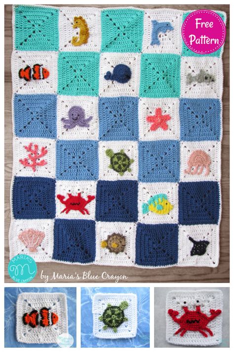 6 Sea Creatures Blanket Crochet Patterns Ocean Granny Square, Nature Themed Room, Crochet Sea Creatures, Pillow Covers Pattern, Crochet Pillow Cover, Granny Square Afghan, Crochet Wall Hangings, Animal Blanket, Crochet Pillows