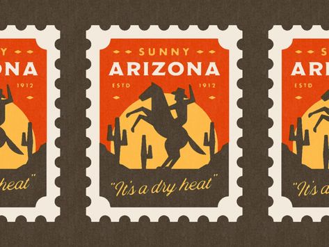 Sunny Arizona Stamp by Stetson Finch on Dribbble Arizona Illustration, Arizona Sunset, Human Canvas, Sign Writing, Digital Graphic Design, Post Stamp, All Things Cute, Postal Stamps, 80s Retro