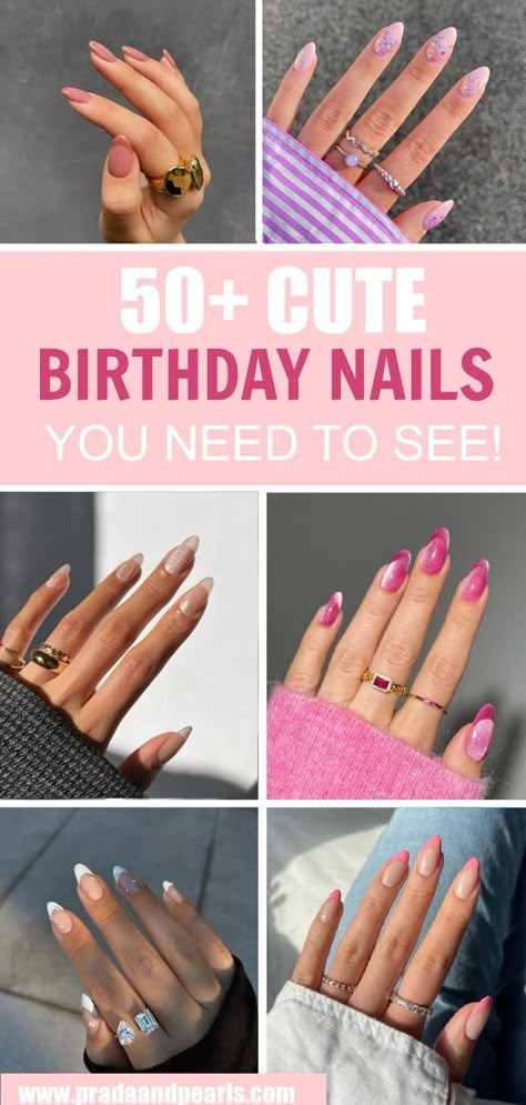 Birthday Nail Colors, Birth Day Nails Ideas, Chic Birthday Nails, Clean Girl Birthday Nails, Nails For 50th Birthday, Birthday Holiday Nails, Trendy Birthday Nails 2023, Fun Birthday Nails Acrylic, Birthday Ombre Nails