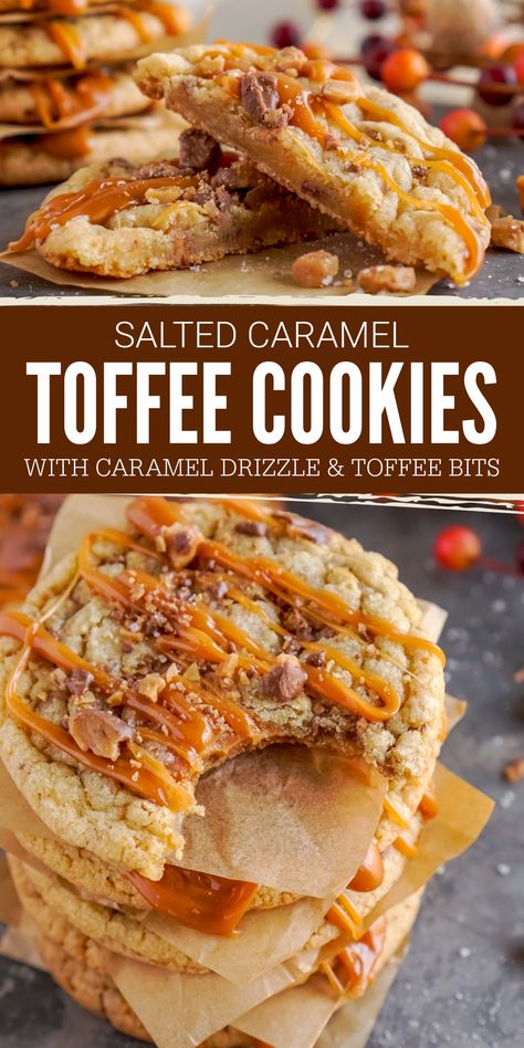 Salted Caramel Toffee Cookies! Easy Toffee Cookies with Sea Salt and Caramel Drizzle! The perfect Cookies for Fall and Thanksgiving! One of my favorite cookie recipes with a burst of flavor! #lemonpeony #toffeecookies #saltedcaramel #fallcookies #thanksgivingdesserts Cookies With Toffee Bits, Toffee Bits Recipe, Salted Caramel Toffee, Easy Salted Caramel, Fall Cookie Recipes, Salted Caramel Cookies, Caramel Drizzle, Toffee Cookies, Caramel Toffee