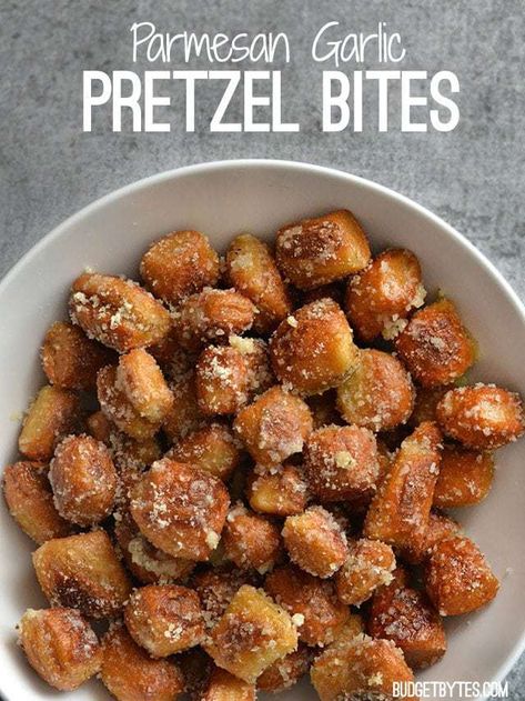 Garlic Parmesan Pretzel Bites Garlic Parmesan Pretzel Bites, Pretzel Recipe, Budget Bytes, Party Appetizer, Frugal Meals, Made From Scratch, Bread Machine, Bread Dough, Cinnamon Sugar