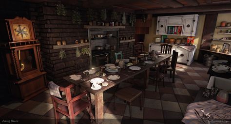 ArtStation - Burrow Kitchen, Ashley Francis The Burrow Kitchen, Harry Potter Kitchen, Teesside University, Butterfly Place, Unfitted Kitchen, Baba Jaga, The Burrow, Lily Potter, Hogwarts Castle