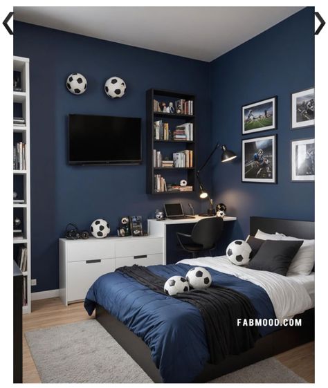 Blue Teen Bedroom Boy, Blue Teenage Boys Bedroom Ideas, Boy Room Color Ideas, Boy Bedroom Colors, Teenager Boy Room Ideas, Black And Blue Room Ideas, Boys Room Color Ideas, Boys Blue Bedroom Ideas, Dark Blue Boys Bedroom