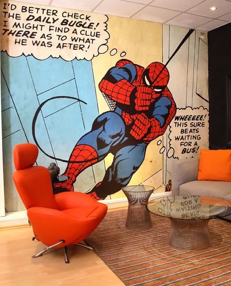 Spiderman, comic book, mural Comic Mural, Spiderman Mural, Superman Bedroom, Book Mural, Spiderman Comic Book, Spiderman Room Decor, Boys Room Mural, Spiderman Room, Dj Room