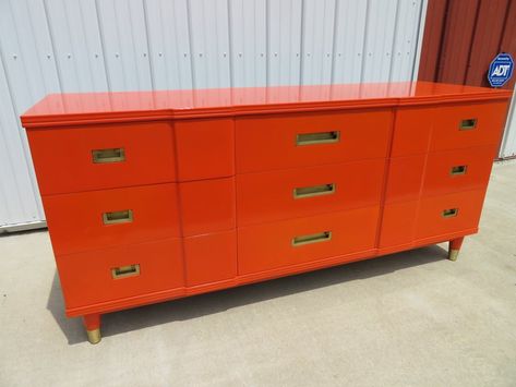 Check out this item from 1stdibs! Magnificent Hermes Orange Widdicomb Credenza Asian Brass Mid-Century Modern: https://www.1stdibs.com/id-f_34417912 Orange Lacquer, Long Dresser, Orange Salmon, Hermes Orange, Dresser Furniture, Brass Wood, Design Salon, Deco Luminaire, Romantic Bedroom