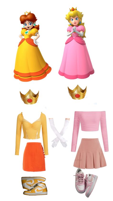 Daisy Costume Diy, Mario Costume Diy, Princess Peach Costume Diy, Mario Kart Costumes, Mario Halloween Costumes, Daisy Costume, Princess Peach Costume, Peach Costume, Mario Costume