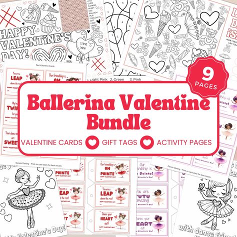 Ballerina Valentine Bundle, Ballerina Valentine Cards, Gift Tags, Valentine Coloring Activity Placemat, Printable Valentine's, BALVAL by DancinDarling on Etsy Ballerina Valentine Cards, Purple Ballerina, Red Ballerina, Red Ballerinas, Dance Friends, Activity Placemat, Pink Pages, Chocolate Card, Valentines Gift Tags