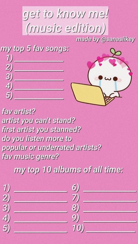 Music Questions To Ask, Get To Know Me Page, About Me Template Aesthetic, Kpop Questions, Introduce Yourself Template, Get To Know Me Template, Insta Games, Ig Games, Music Questions