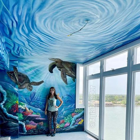 Immersive Ocean Mural Transports You Under the Sea When You Step Indoors Ocean Mural, Beautiful Landscape Paintings, Ceiling Murals, Murals For Kids, Wall Murals Painted, Impasto Painting, Abstract Landscape Painting, Artist Paint, Mural Painting