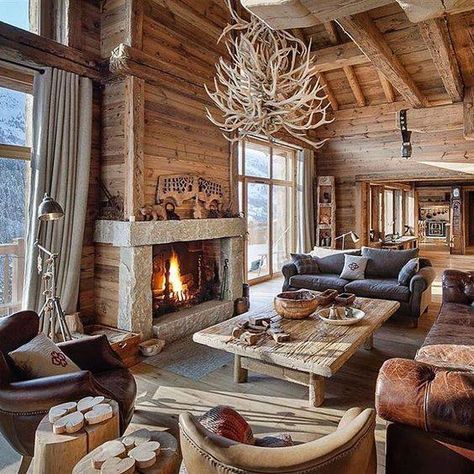 Lodge Living Room, Ski Lodge Decor, Chalet Chic, Chalet Interior, Chalet Design, Luxury Ski Chalet, Chalet Style, Luxury Ski, Cabin Interiors