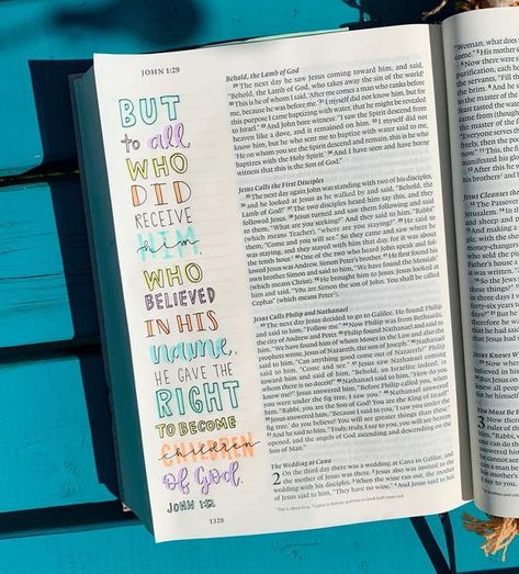 Emma's Bible Journaling on Instagram: "“But to all who did receive him, who believed in his name, he gave the right to become children of God,” ‭‭John‬ ‭1:12‬ ‭ESV‬‬ Bible: ESV Single Column Journaling Bible from @crosswaybooks and painted by @sparrowsxwildflowers #emmasbible #bible #bibleart #bibleverse #biblejournalingcommunity #biblejournaling #biblejournalingideas #verseoftheday #journalingbible #crosswaybooks #sparrowsxwildflowers #thedaniellebible #mildliner #crayolasupertips #micronpen John 1 12, Esv Bible, Bible Journal Notes, Journaling Bible, Biblical Inspiration, Bible Art Journaling, Bible Art, Verse Of The Day, Bible Inspiration