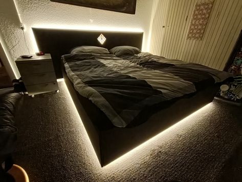 Homemade Beds, Led Bed, Custom Xbox, Floating Bed, Luxury Bedroom Design, Bed Shelves, Low Bed, Mens Bedroom, Floor Bed