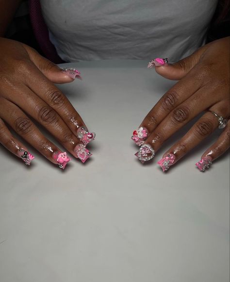 Pink Junk Nails Short, Kawaii Nails Short, Junk Nails Short, Short Junk Nails, Nails Coffin Short, Junk Nails, Acrylic Toes, Acrylic Toe Nails, Hard Nails