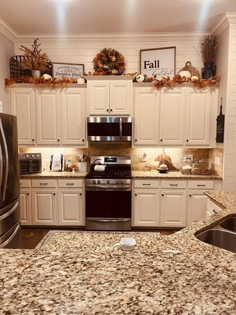 Fall Decor Over Kitchen Cabinets, Over Cabnit Decor Kitchen, Fall Decor Ideas Above Kitchen Cabinets, Fall Decor Top Of Kitchen Cabinets, Pumpkins Above Cabinets, Bloxburg House Ideas Kitchen Fall, Top Of Kitchen Cabinet Decor Apartment, Fall Above Cabinet Decor Kitchen, Upper Cabinet Fall Decor