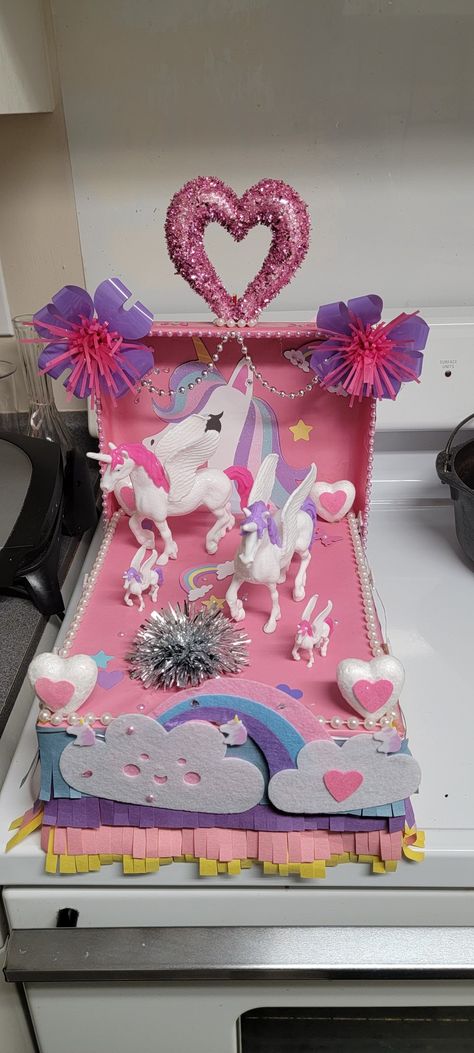 Mardi Gras float Exploding Unicorn, Shoebox Float, Unicorn Shoe Box Float, Unicorn Shoe Box Valentines, Unicorn Pool Noodle Horse, Unicorn Cardboard Box Car, Unicorn Float, 2nd Birthday Party For Girl, Shoe Box