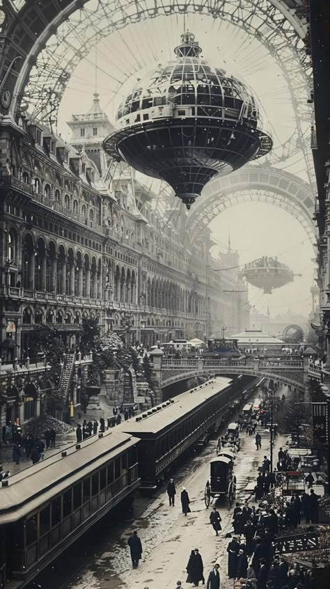 Dark 1930s Aesthetic, Victorian Retro Futurism, Diesel Punk City, Steampunk Aesthetic Dark, Victorian Futurism, 1910s Aesthetic, Steam Punk Aesthetic, Steampunk City, Old Steam Train