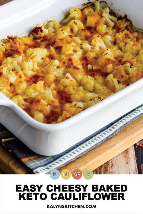 Pinterest image of large baking dish filled with Easy Cheesy Baked Keto Cauliflower sitting on a striped cloth. Egg Bakes, Cauliflower Recipes Healthy, Egg Bake, Low Carb Veggies, Cheesy Cauliflower, Meatless Main Dishes, Cauliflower Casserole, Bake Recipes, Keto Ideas