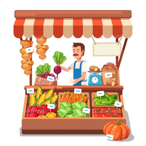 Local Market Farmer Selling Vegetables Farm Illustration, Kids Magazine, Vegetable Shop, Fruit Logo, School Theme, Market Stall, Shop Illustration, 카드 디자인, Local Farmers Market