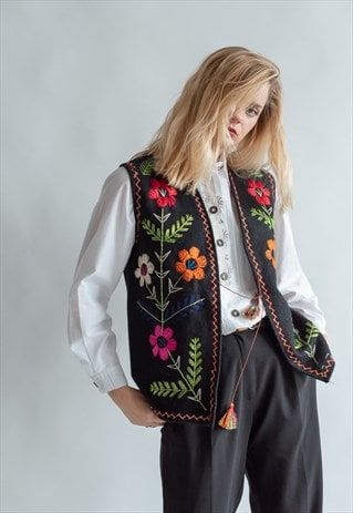 Vintage+70s+boho+embroidered+vest+in+wool Fitted Bohemian Vest With Floral Embroidery, Vintage Vest Outfit, Folk Style Embroidered Spring Vest, Fitted Vintage Vest With Embroidery, Folk Style Sleeveless Vest With Floral Embroidery, Vintage Fitted Embroidered Vest, Clothing Templates, Embellished Clothing, 70s Boho