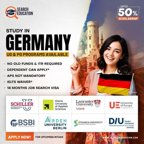 Study in Germany: Your Gateway to World-Class Education! 🇩🇪🎓 Get Up to 50% scholarship, NO ITR Required, 18-month job search visa. IELTS Wavier, Your future starts here! Apply now for 2024 Intake! 📞Chandigarh: +91 798 247 0583 📞Delhi: +91 798 246 7300 #studyingermany #studyabroad #studyincanada #studyinuk #studyinaustralia #studyinusa #germany #studyineurope #studyoverseas #overseaseducation #studyinnewzealand #study #ielts #education #highereducation #studyvisa #studentvisa #studyabroadli... Study In Germany, Lancaster University, Study In New Zealand, International University, Overseas Education, Learn German, Educational Consultant, Applied Science, Creative Ads