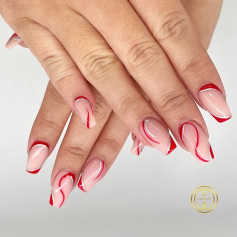 Red And Silver Swirl Nails, Red Swirls Acrylic Nails, Red And Gold Swirl Nails, Red Swirls Nails, Red Lines Nails, Red Swirly Nails, Red Line Nails, Red And White Swirl Nails, Christmas Swirl Nails