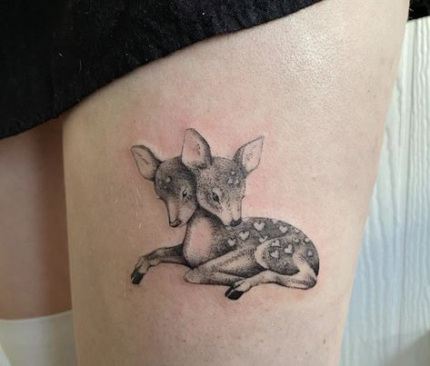 Cute Deer Tattoo, Fairy Garden Tattoo Sleeve, Baby Deer Tattoo, Bambi Tattoo, Fawn Tattoo, Deer Tattoos, Lamb Tattoo, Deer Tattoo Designs, Bunny Tattoo