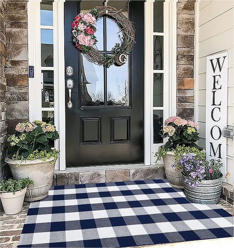 Black White Porch, Black And White Striped Rug, Layered Door Mats, Farmhouse Buffalo Plaid, Green Outdoor Rug, Cardboard Chandelier, Porch Front Door, Blue Outdoor Rug, Plaid Rug