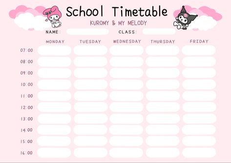 Hello Kitty School Schedule, Cute Timetable Ideas, Class Timetable Ideas, Cute Timetable Template, School Timetable Ideas, University Printables, School Time Table, Kuromi Y My Melody, 100 Affirmations