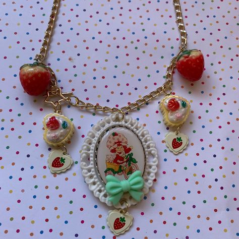 Adorable Strawberry Shortcake Charm Necklace Kawaii 80s Girls - Etsy Strawberry Choker, Strawberry Shortcake Merch, Strawberry Shortcake Necklace, Strawberry Shortcake Keychain, Strawberry Shortcake Merchandise, Trilogy Tour, Charm Necklaces, Guitar Pick, Strawberry Shortcake