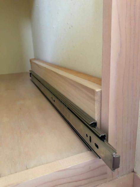 Diy Sliding Cabinet Shelves, Sliding Shelves Kitchen, Bathroom Cabinet Slide Out Shelves, Pullout Pantry Shelves, Diy Kitchen Slide Out Shelves, Diagonal Pantry Cabinet, Pull Out Cabinet Drawers Diy, Cabinet Pull Out Shelves Diy, How To Make Pull Out Pantry Shelves